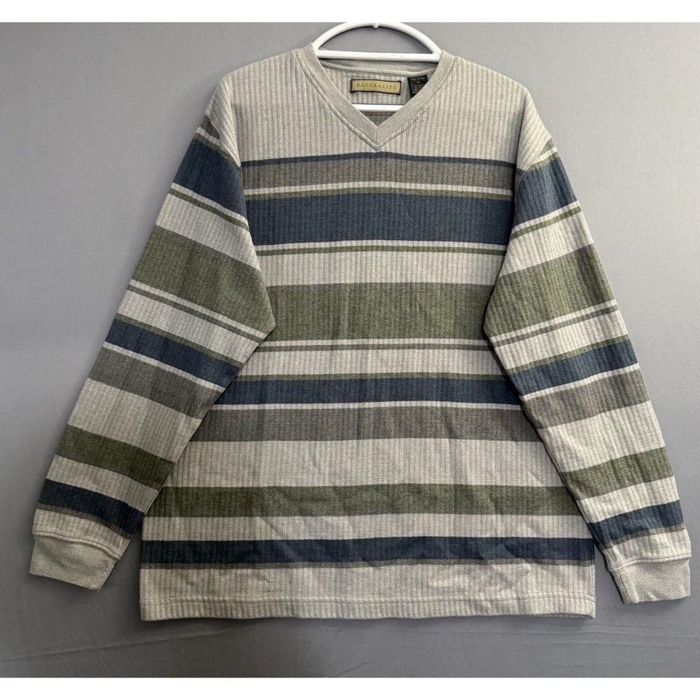 Natural Life Striped Sweater Mens XL‎ Long Sleeve V-Neck Pullover Ribbed 90s Y2K